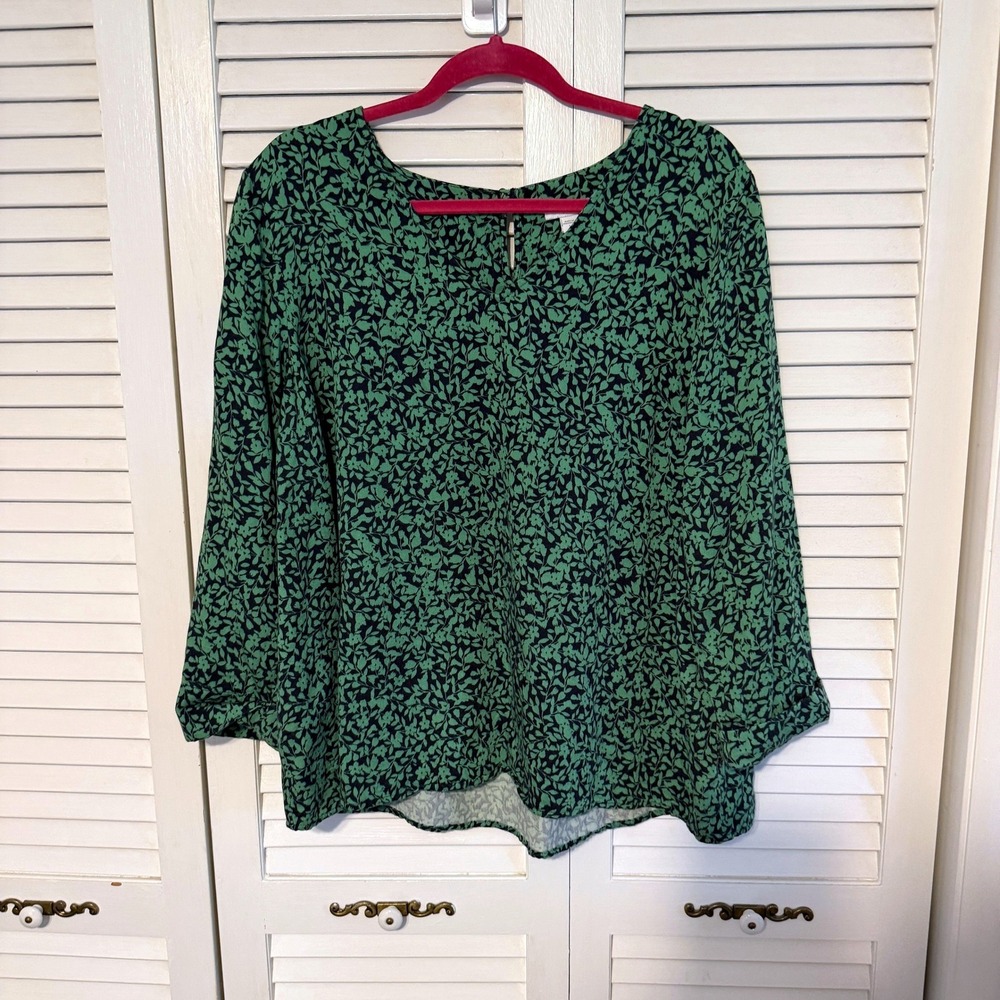 J. Jill Blouse Floral Leaf Print Large Green Women Long Sleeve Pullover Top